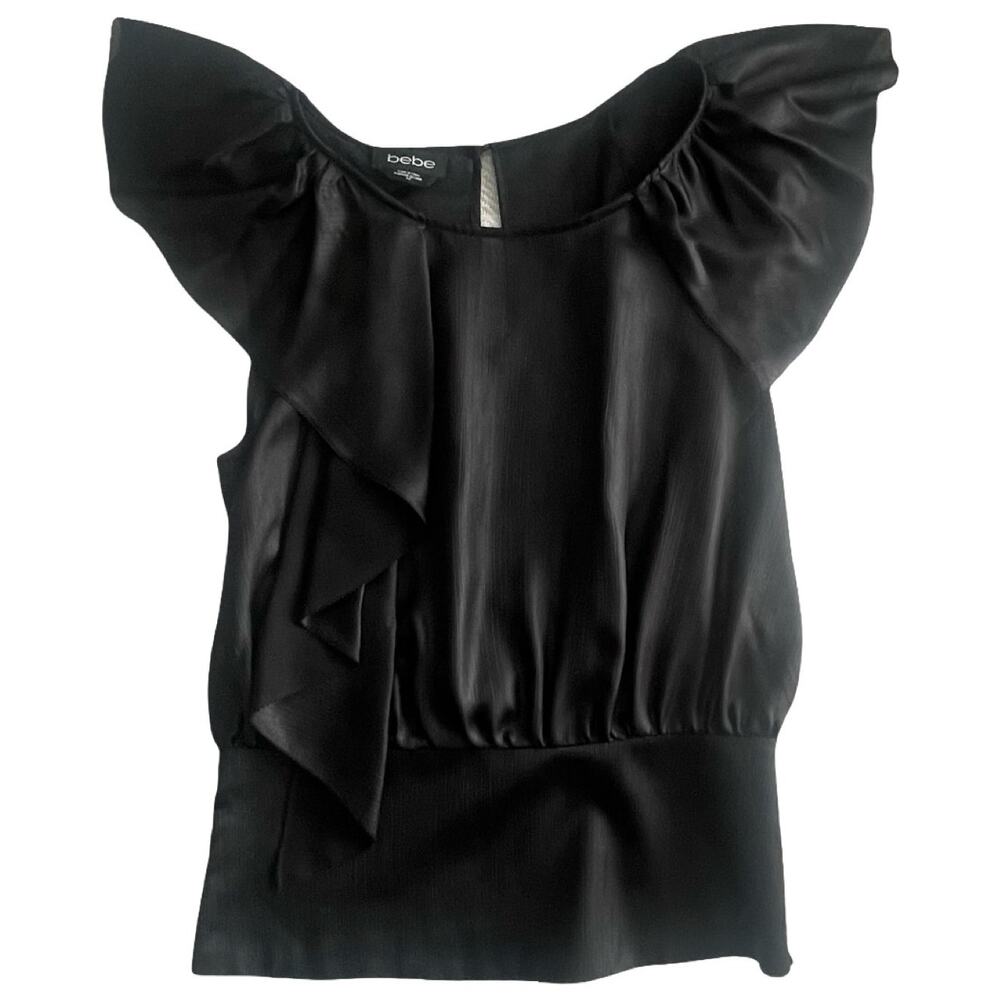 Y2K Bebe Black Sheer Ruffle Flutter Sleeve Blouse S/P